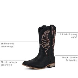 Kids Black Western Embroidered Square-Toe Boot